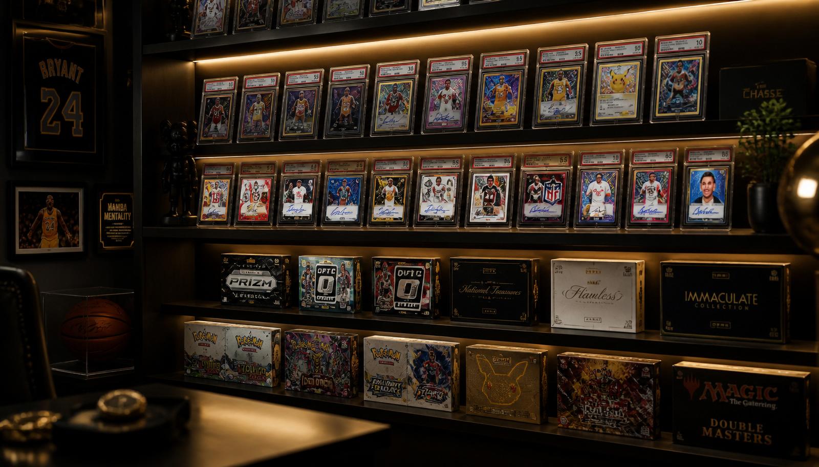 Collector display shelf of graded slabs and sealed hobby boxes